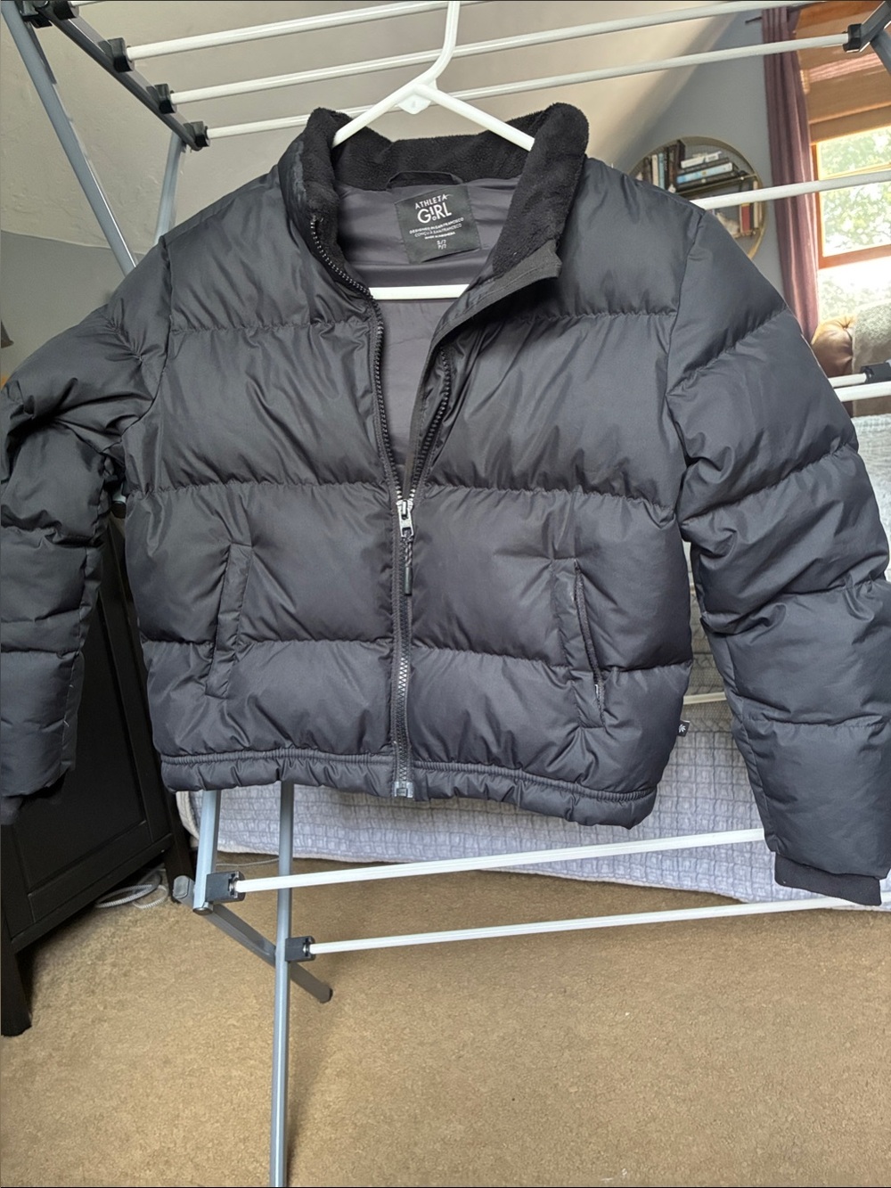 Athleta Girl Black Puffer Jacket with Sherpa Hood Lining